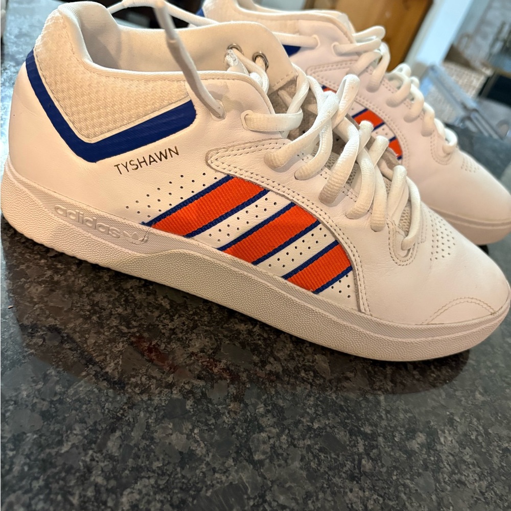 Adidas Tyshawn Jones White Sneakers with Blue and Orange Stripes Men’s size 9.5